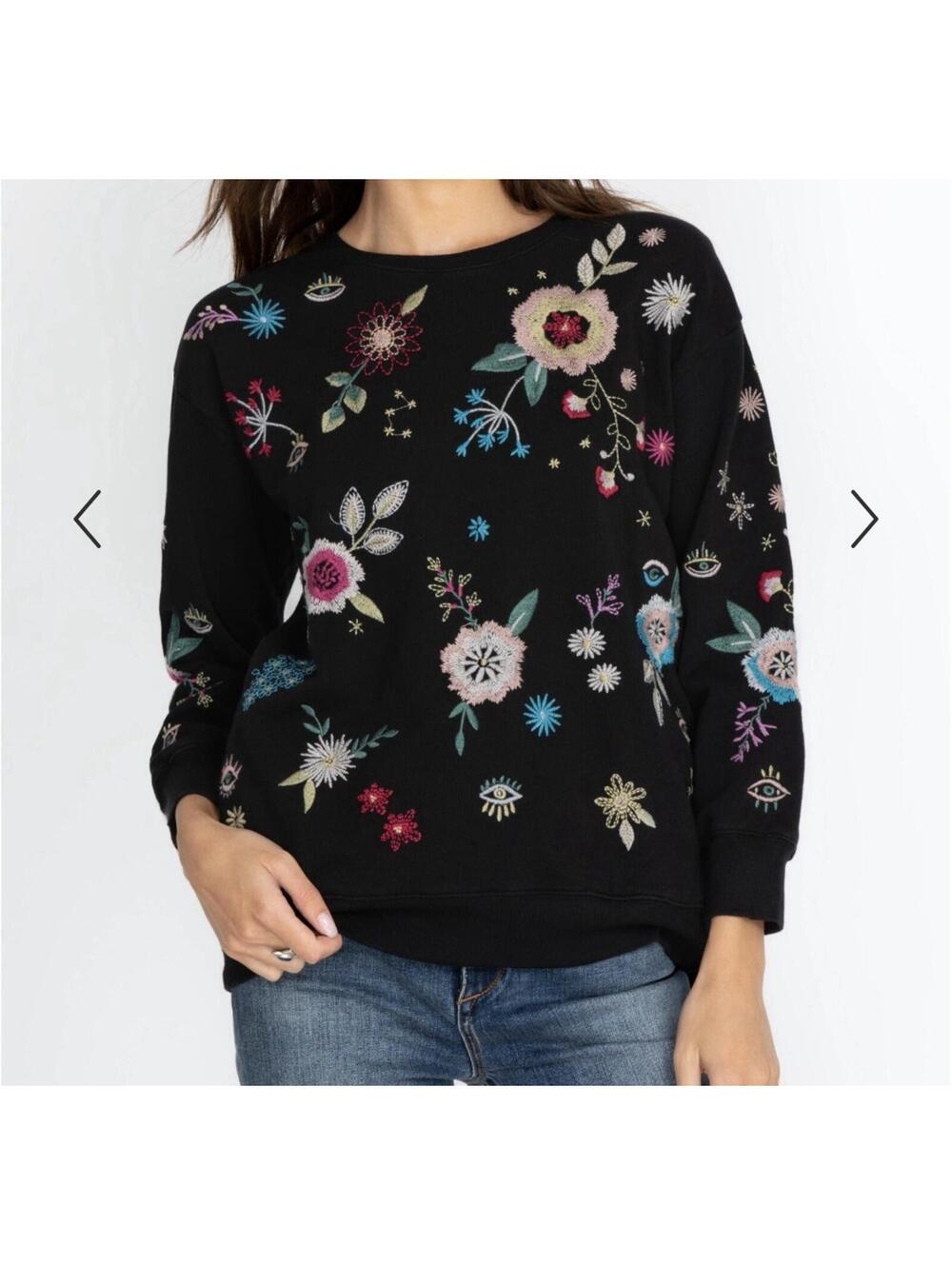 JOHNNY WAS Embroidered Martine Sweatshirt Women’s Sml Flowers Pockets 3/4 Sleeve